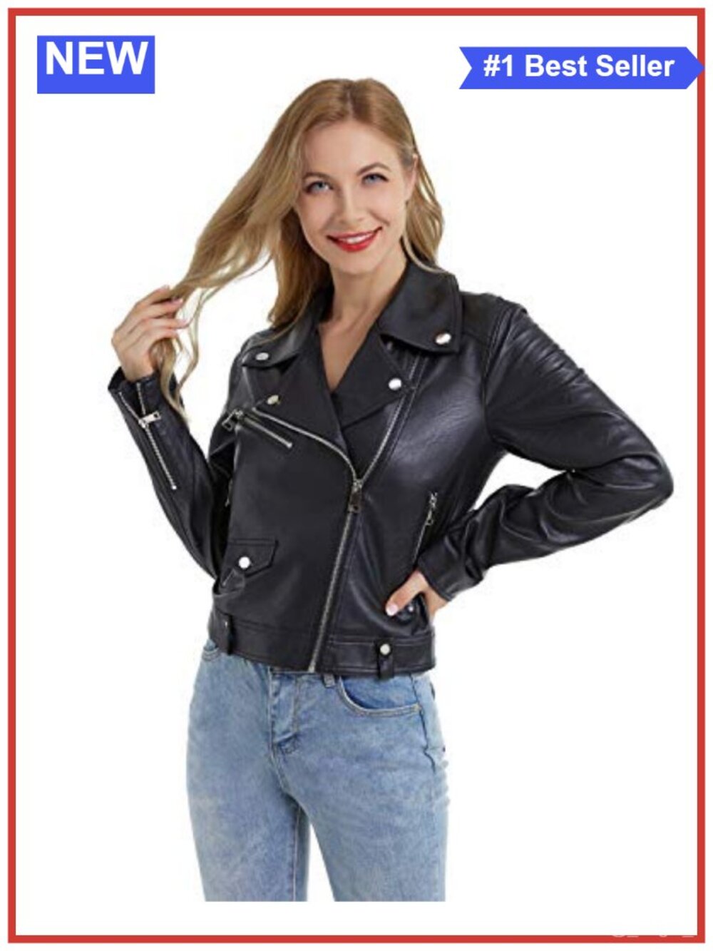 Women's Faux Leather Jacket Slim Belted PU Moto Coat Zip Moto Biker